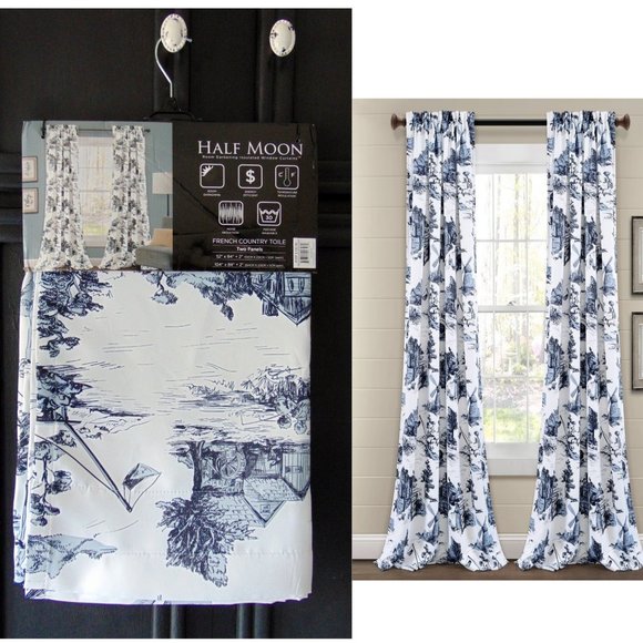 Half Moon Other - French Country Toile Curtains Blue White Insulated